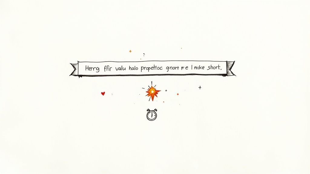 A hand-drawn banner displays the text 'Herrg ffiir valu halo propettoc gnort me I mike short.' with a sparkling icon and a clock below.