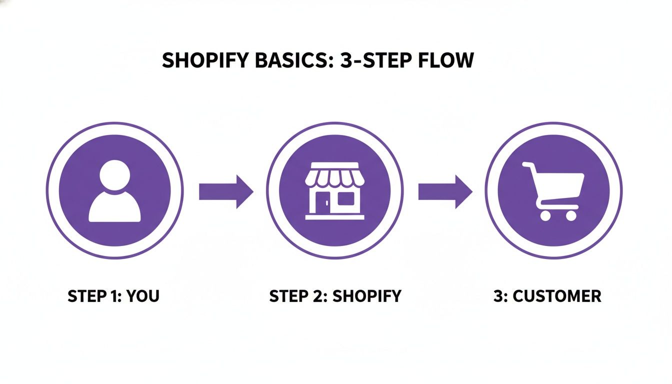 A diagram illustrating the Shopify basics 3-step flow: you, Shopify, and the customer.