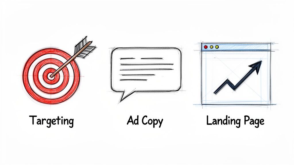 Three hand-drawn icons represent targeting, ad copy, and landing page, key elements in digital marketing.