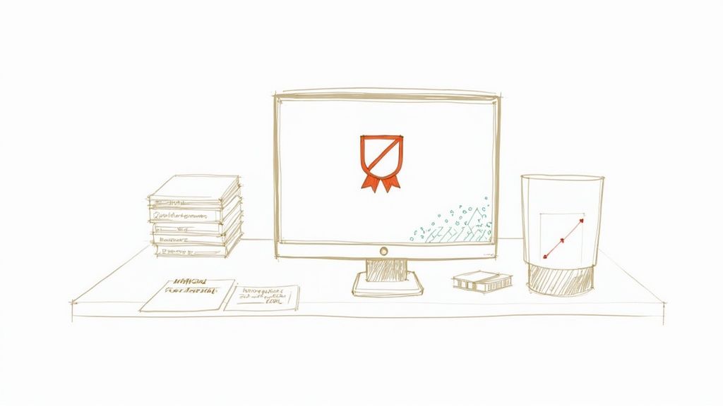 A professional SEO analyst working on a Semrush dashboard on a large monitor.