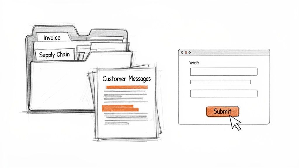 A sketch of business documents including invoices, supply chain, customer messages, and a web form with a submit button.