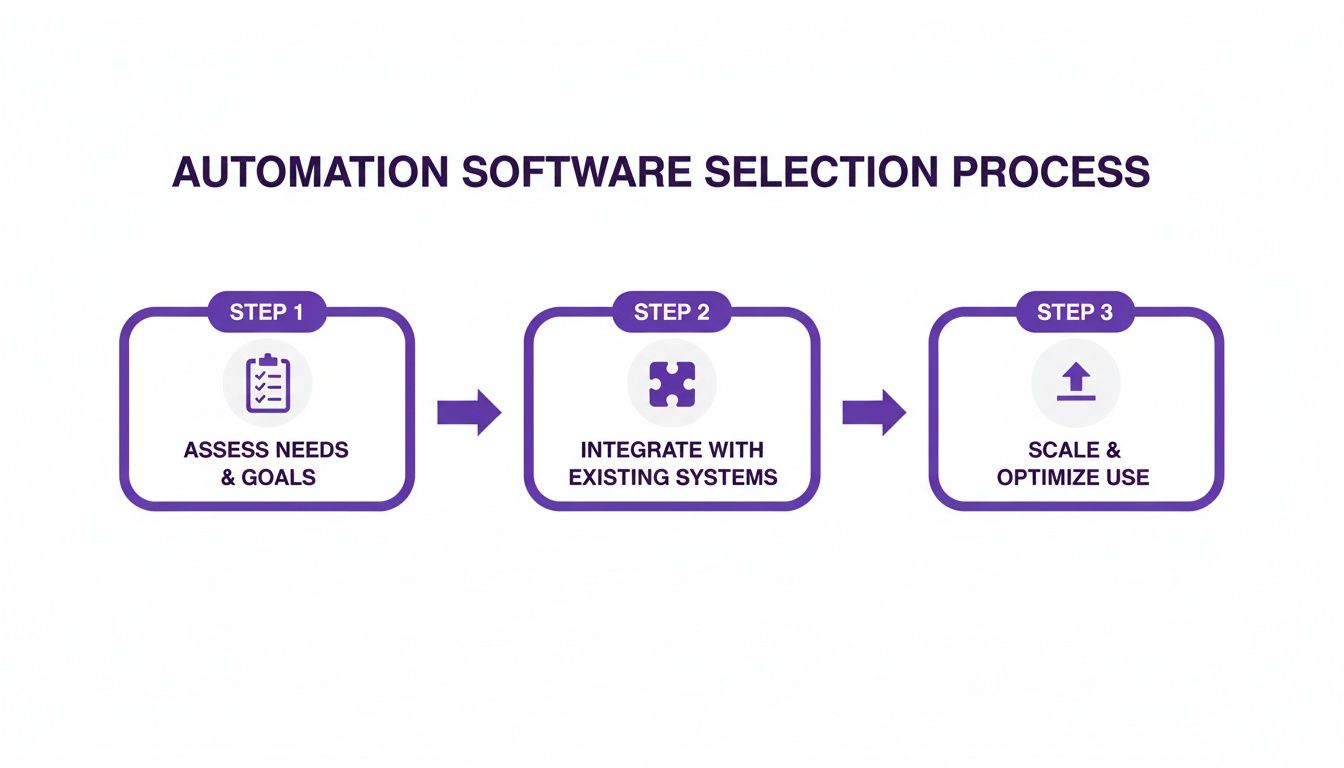 Flowchart detailing the three steps of automation software selection: assess, integrate, scale.