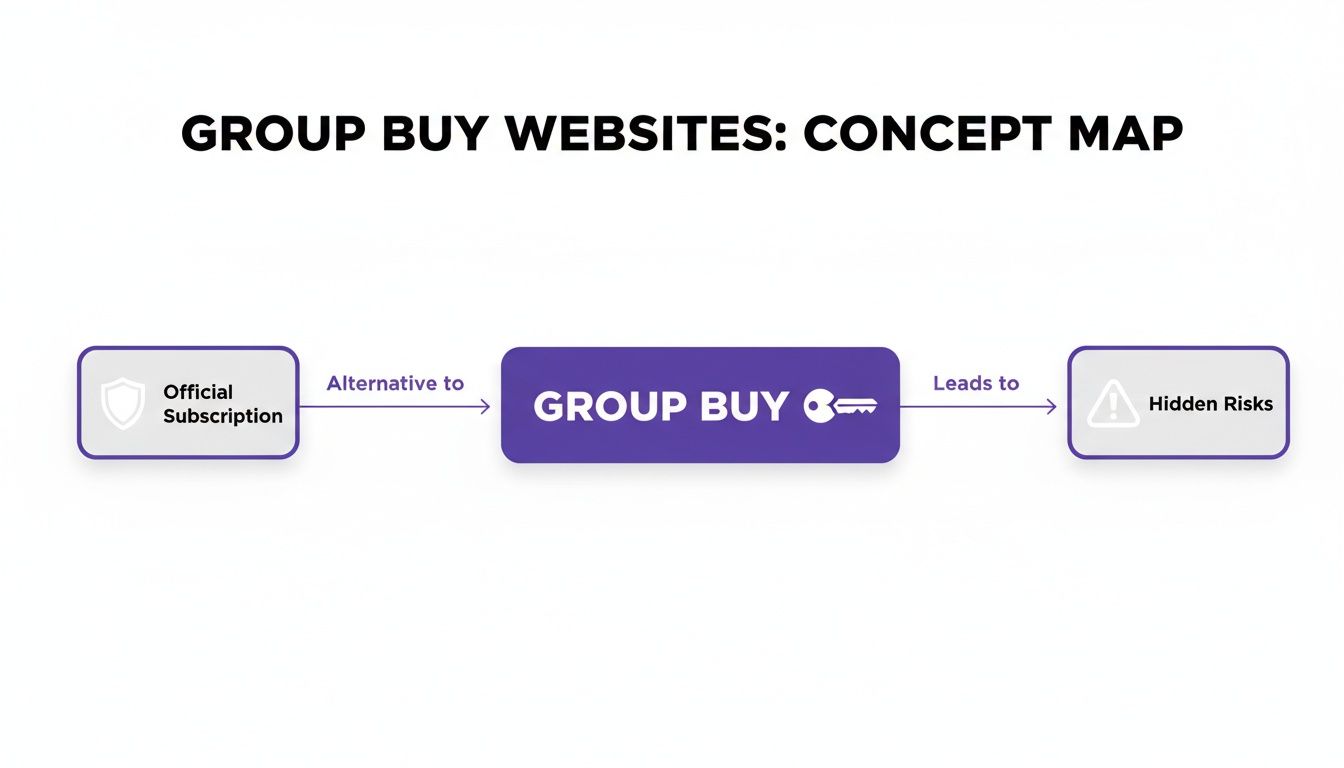 A concept map shows "Official Subscription" as an "Alternative to" "Group Buy", which "Leads to" "Hidden Risks."