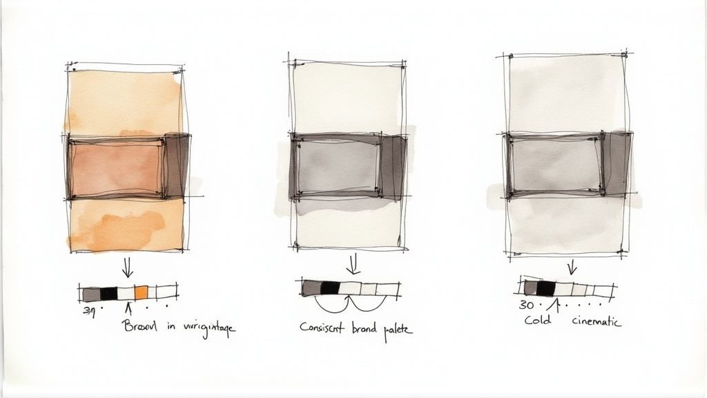 Three illustrated color palettes displaying warm vintage, consistent, and cold cinematic brand color schemes.