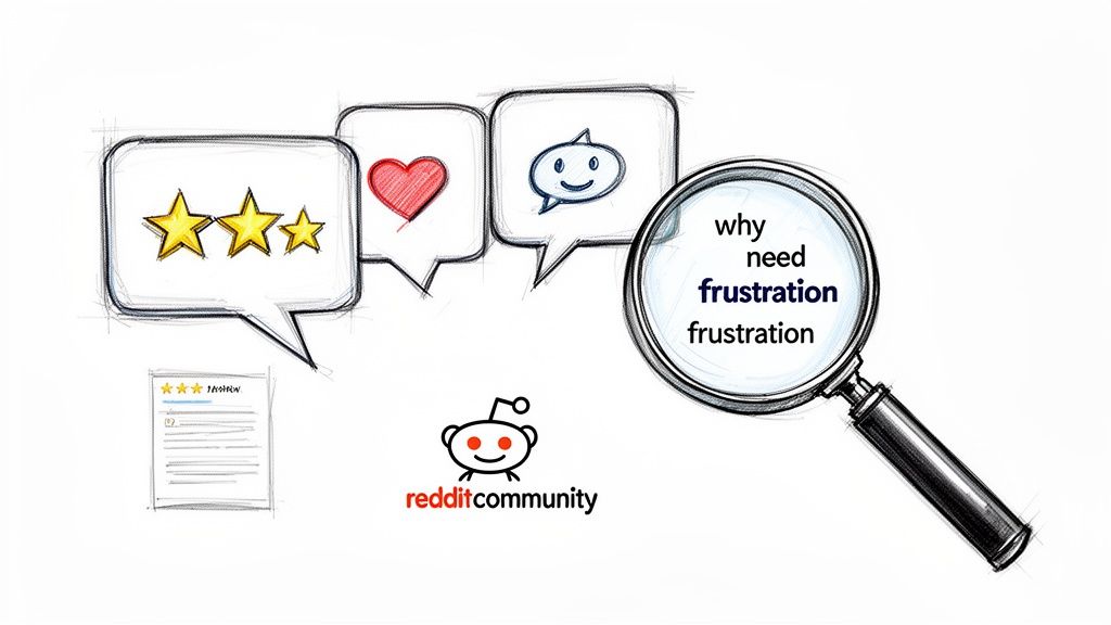 Sketch showing user feedback (stars, heart, smile) and a magnifying glass examining 'frustration' text, with the Reddit logo.