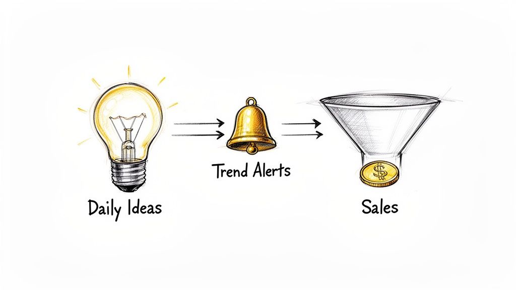 An illustration showing the process from daily ideas to sales through trend alerts, using a lightbulb, bell, and funnel.