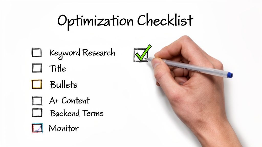 A hand checks "Keyword Research" on an SEO optimization checklist with other tasks.