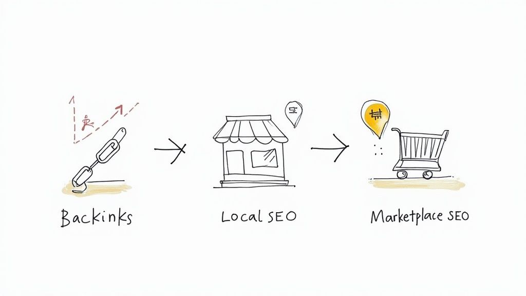 Diagram illustrating the progression of SEO from backlinks to local SEO and finally to marketplace SEO.