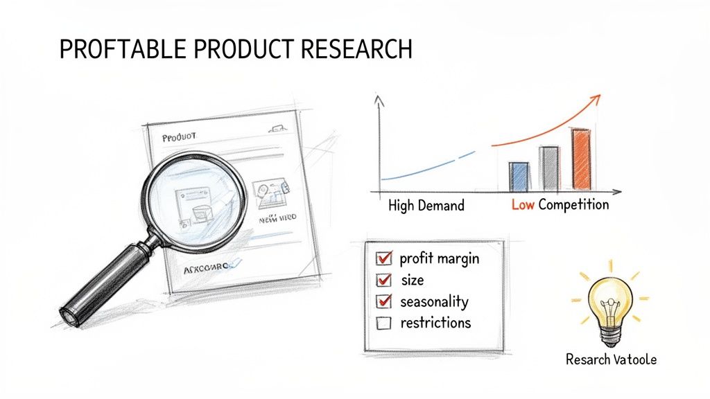 An illustration of profitable product research including market analysis, criteria checklist, and research tools.