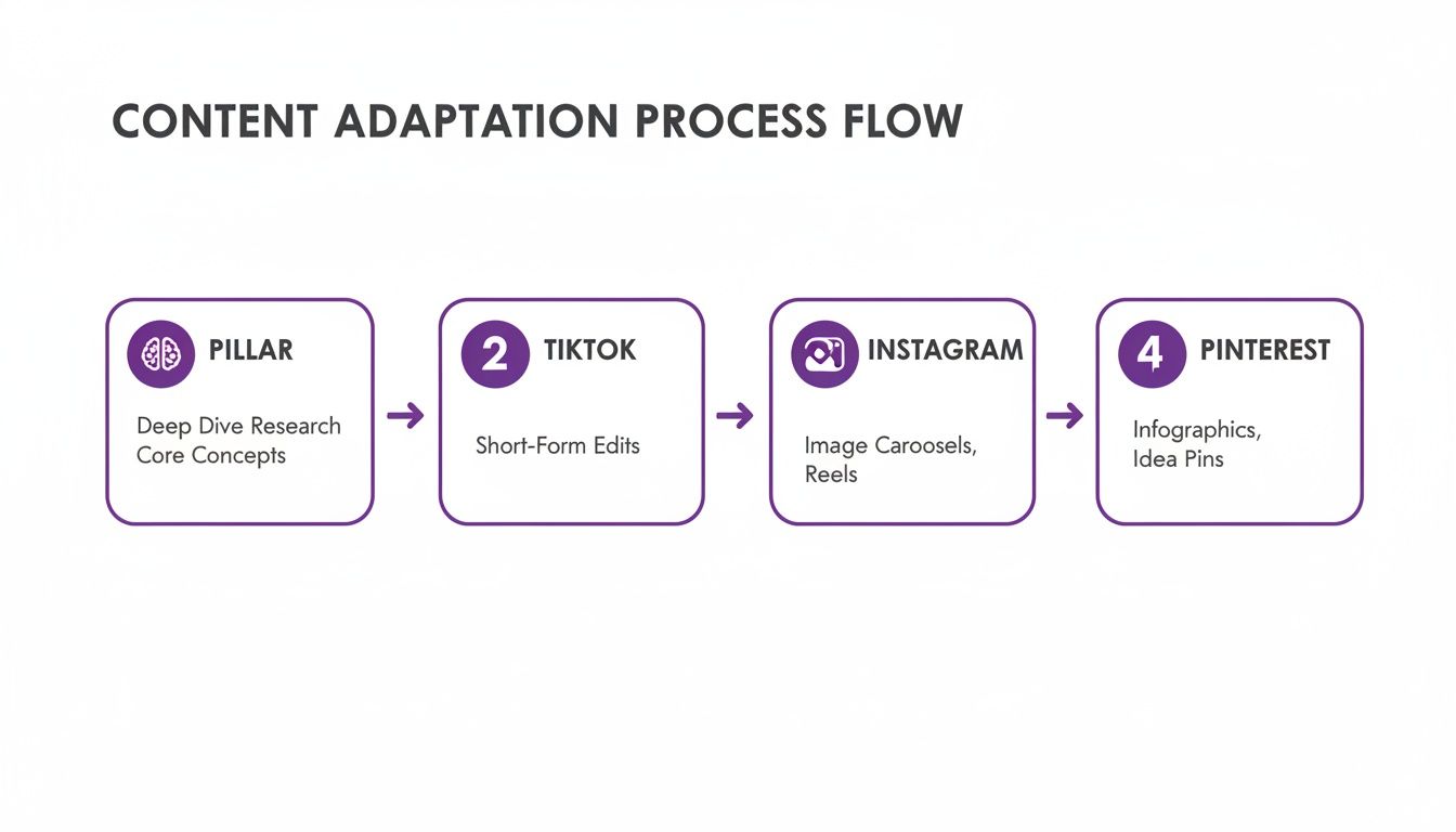 Flowchart detailing a content adaptation process across Pillar, TikTok, Instagram, and Pinterest platforms.