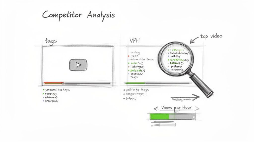 Whiteboard sketch illustrating competitor analysis for videos, focusing on tags and views per hour metrics.