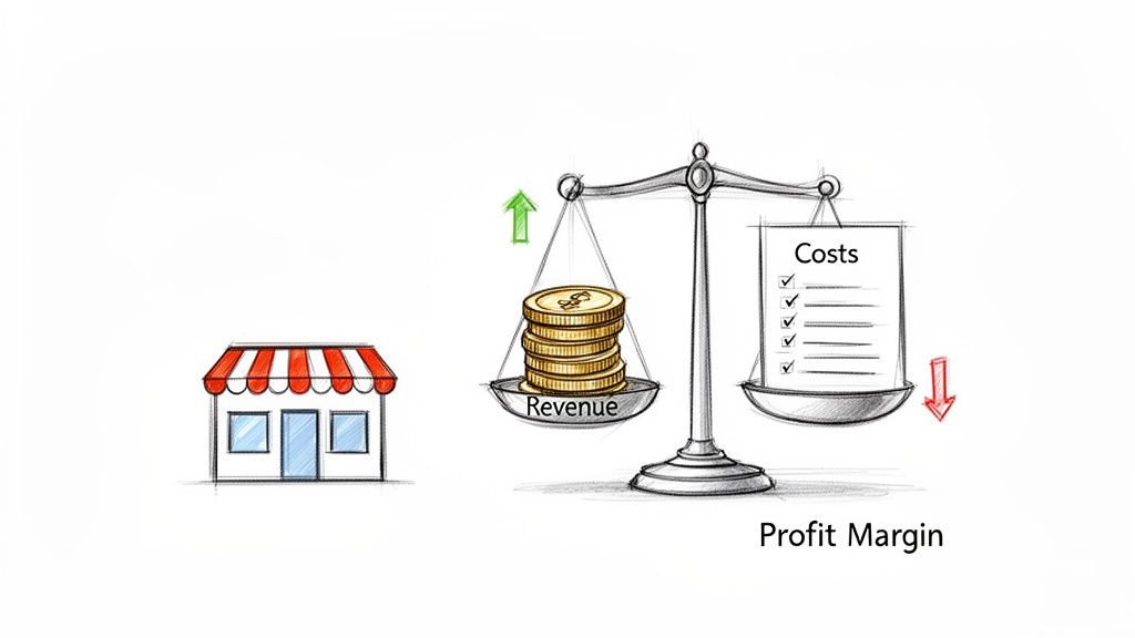 Profit margin concept showing a shop, rising revenue (coins), and falling costs (checklist) on a scale.