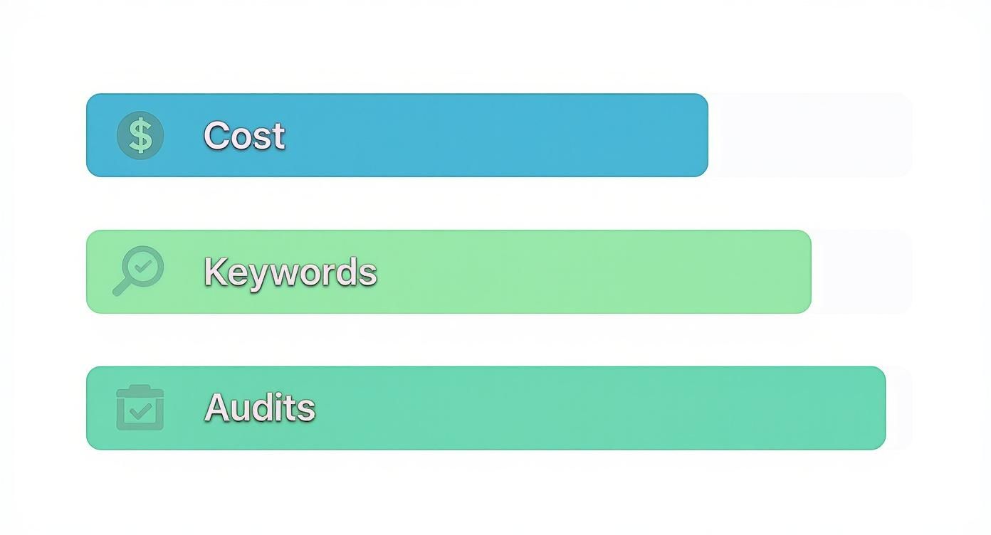 Three colorful horizontal bars or buttons with icons, labeled 'Cost', 'Keywords', and 'Audits', resembling a digital tool interface.