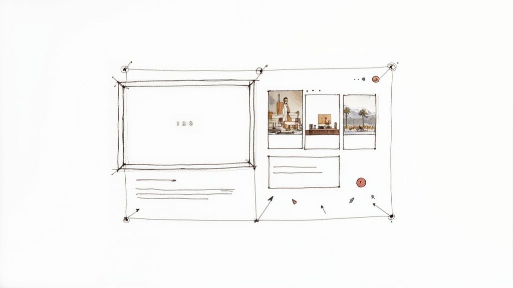 Hand-drawn sketch showing office workspace layout with whiteboard and photo gallery wall arrangement