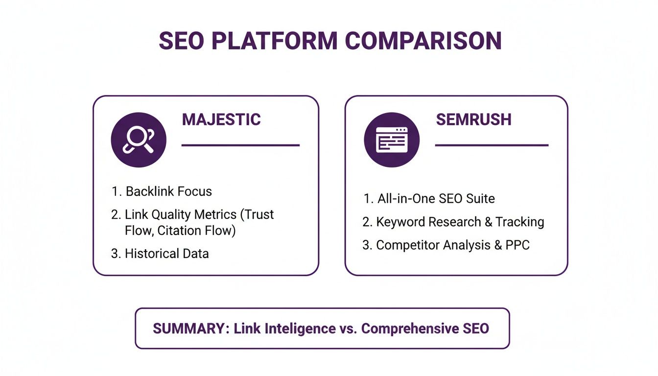 Infographic comparing key features of SEO platforms Majestic and Semrush.