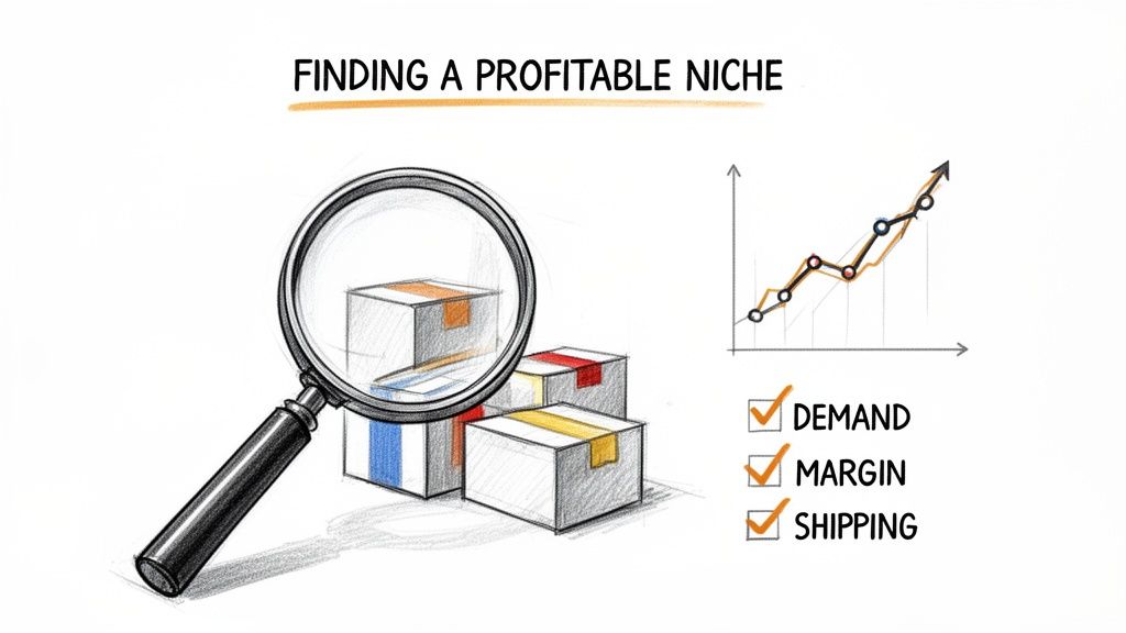 Magnifying glass over product boxes, a rising growth chart, and a checklist for demand, margin, and shipping, illustrating profitable niche research.