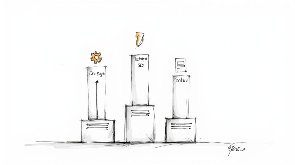 Diagram illustrating the three foundational pillars of SEO: On-Page, Technical SEO, and Content with icons.