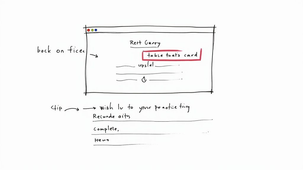 Hand-drawn wireframe sketch of a user interface showing a highlighted card element and accompanying notes.