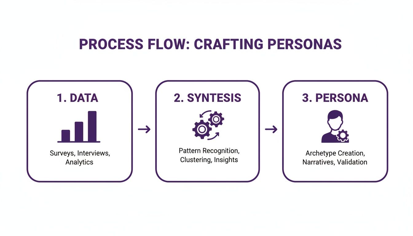 A three-step process flow illustrating how to craft personas, from data to synthesis to final persona.