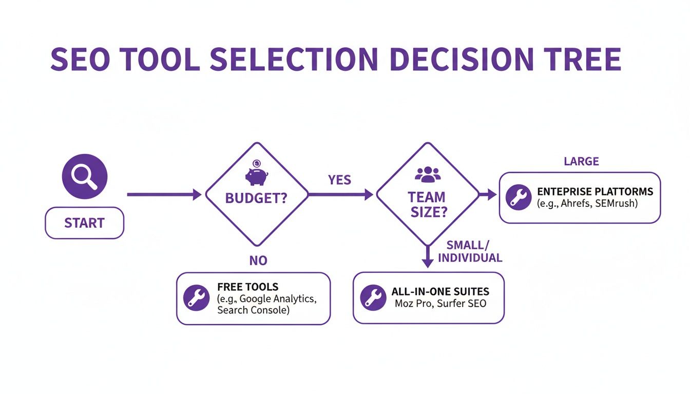 SEO tool selection decision tree flow chart based on budget and team size.