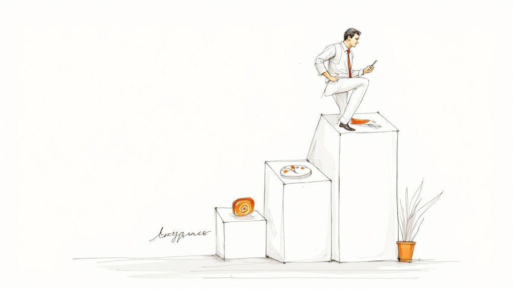 Illustration of a businessman ascending steps, focused on a phone, with small rewards.