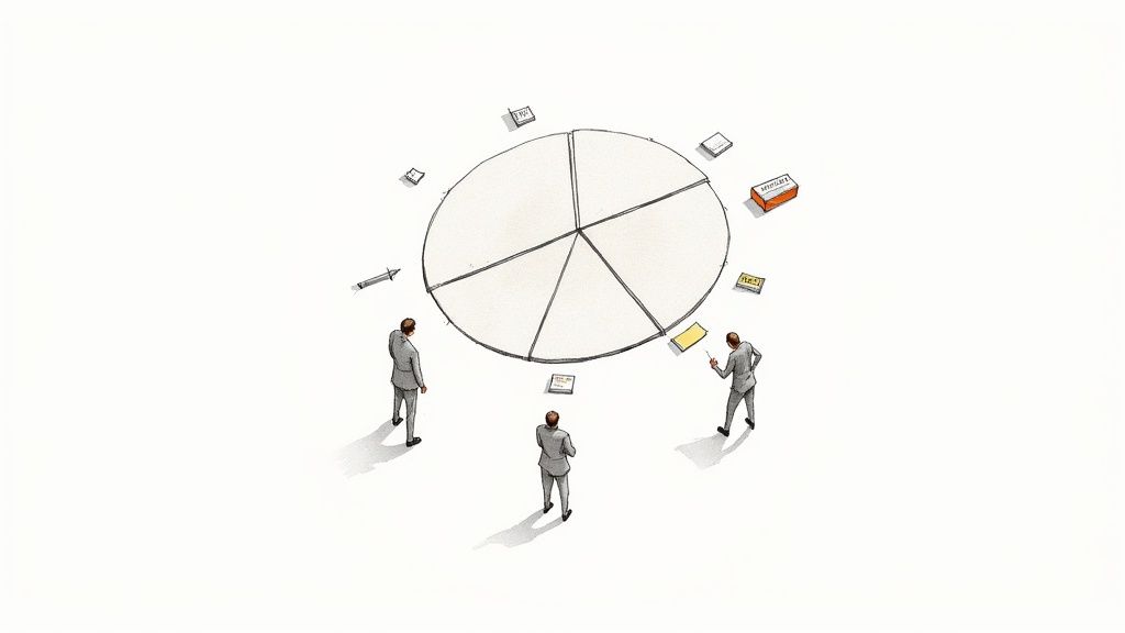 Three business people analyzing a large pie chart with various items representing resources.