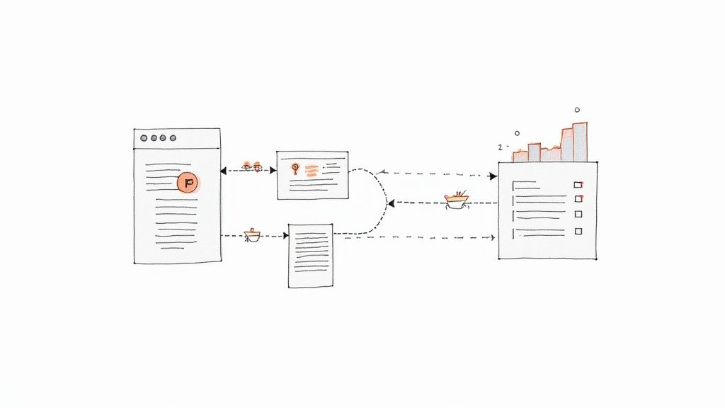 Workflow diagram depicting content creation, analysis, and reporting with data flow.