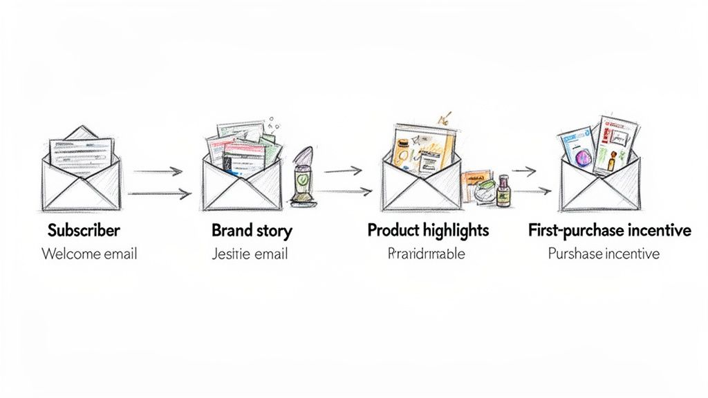 An email marketing funnel showing steps for new subscribers: welcome, brand story, product highlights, and first-purchase incentive.