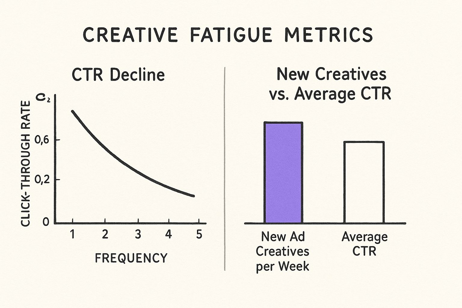 Infographic showing a line graph where CTR declines as ad frequency increases, alongside a bar chart where higher weekly creative introductions correlate with better average CTR.