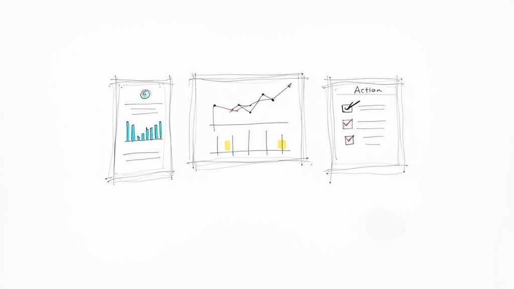Three hand-drawn sketches illustrate data analysis, trend tracking, and an actionable to-do list.