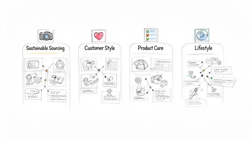 Hand-drawn concept diagrams illustrating sustainable sourcing, customer style, product care, and lifestyle strategies.