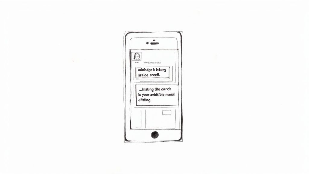 A minimalist, hand-drawn sketch of a smartphone displaying jumbled, placeholder text messages on its screen.