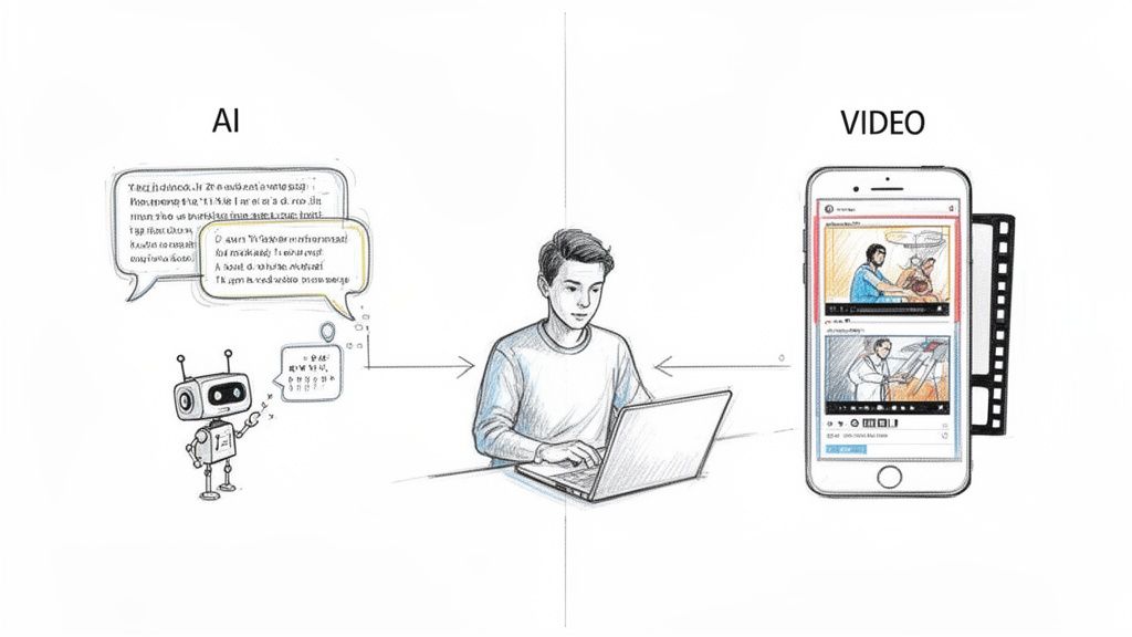 A person uses a laptop to interact with AI and create video content.
