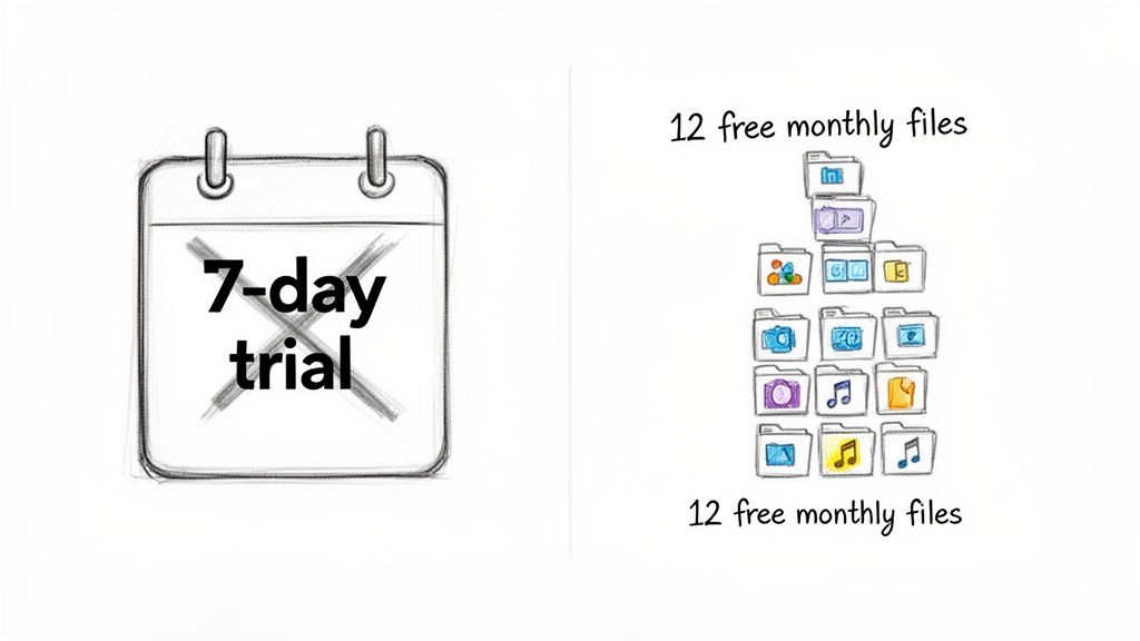 A calendar with '7-day trial' crossed out, alongside a stack of files labeled '12 free monthly files'.