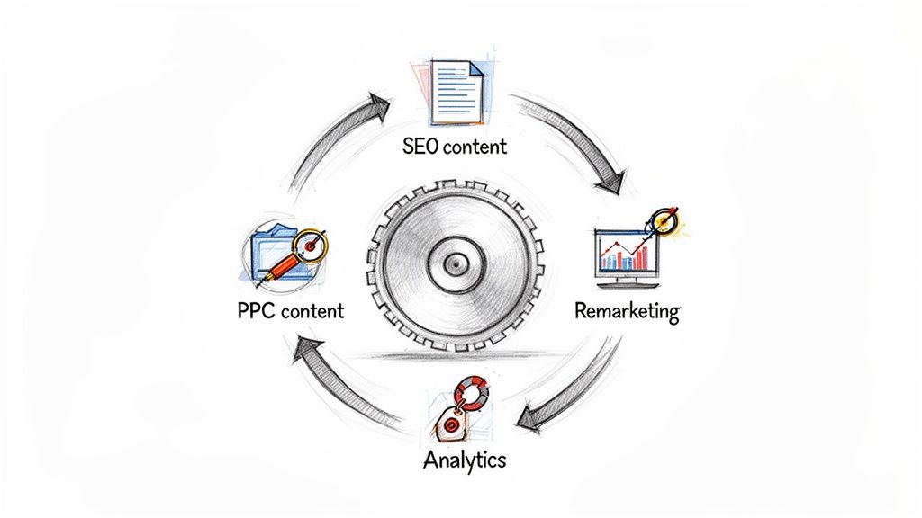 A digital marketing cycle diagram showing SEO content, remarketing, analytics, and PPC content.
