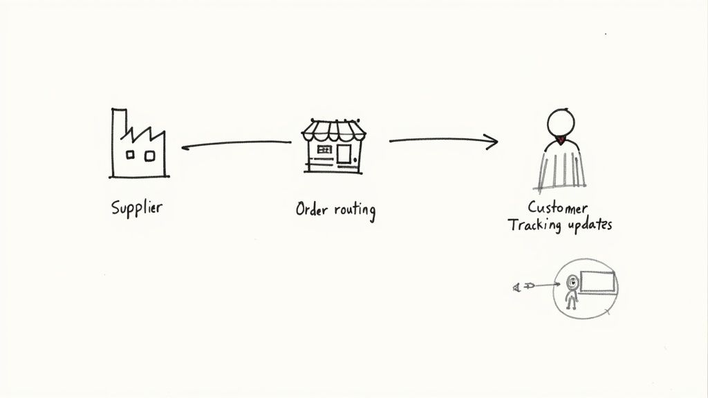Hand-drawn diagram of a supply chain flow: Supplier to Order Routing to Customer Tracking Updates.