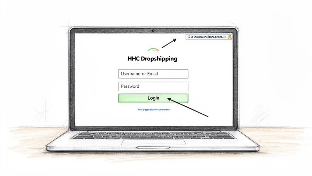 A sketch of a laptop displaying an HHC Dropshipping login page with username, password fields, and a login button.