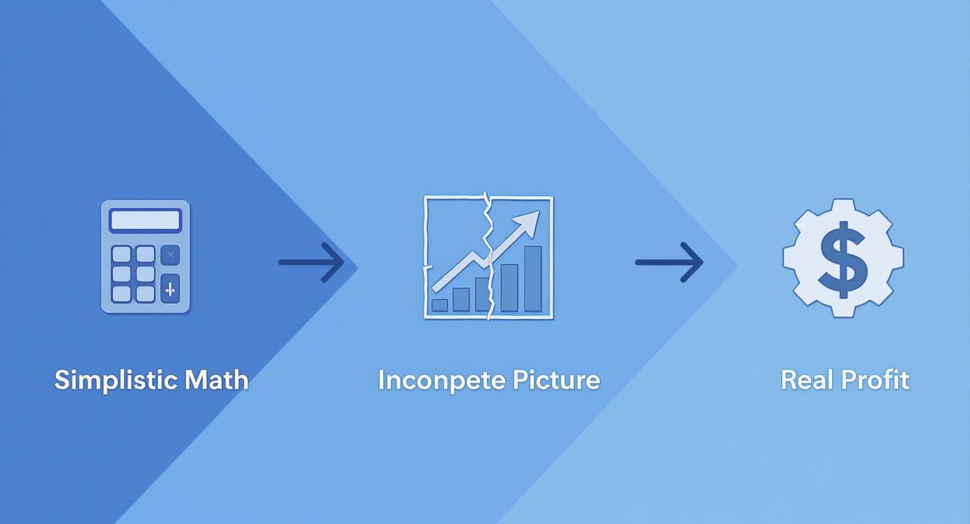 Three-step diagram showing simplistic math, incomplete picture, and real profit calculation process flow