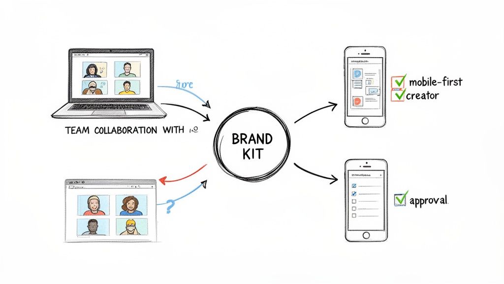 A diagram illustrating a Brand Kit workflow, connecting team collaboration on desktops to mobile content creation and approval.
