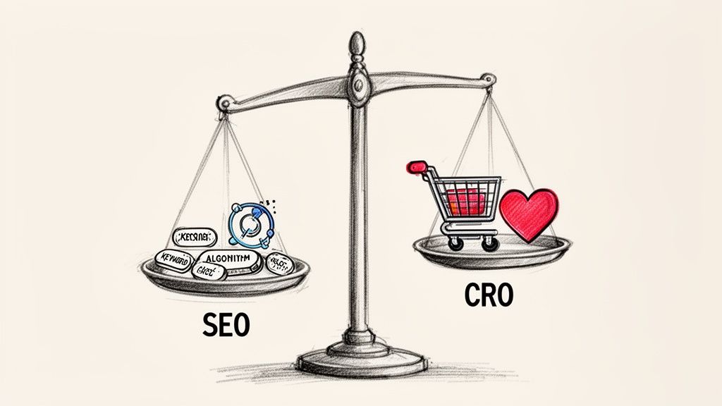 A balanced scale comparing SEO elements like keywords and algorithms with CRO elements like a shopping cart and heart.