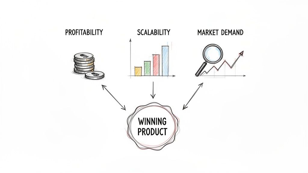 Diagram illustrating a winning product achieved through profitability, scalability, and market demand.