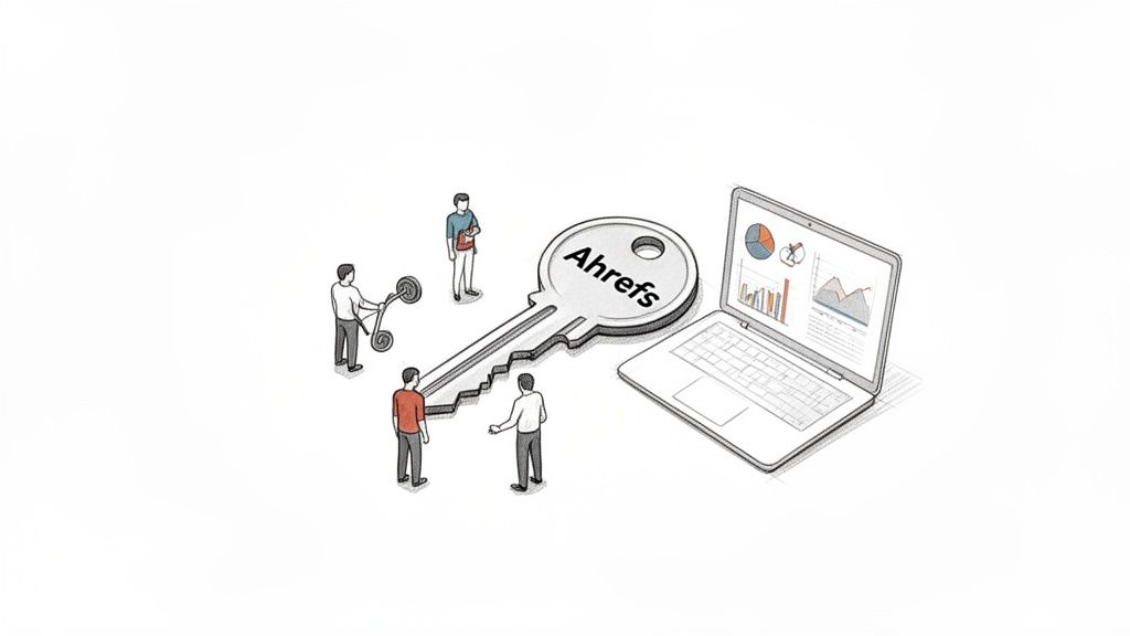 Team collaborating around a large Ahrefs key and laptop displaying SEO data.