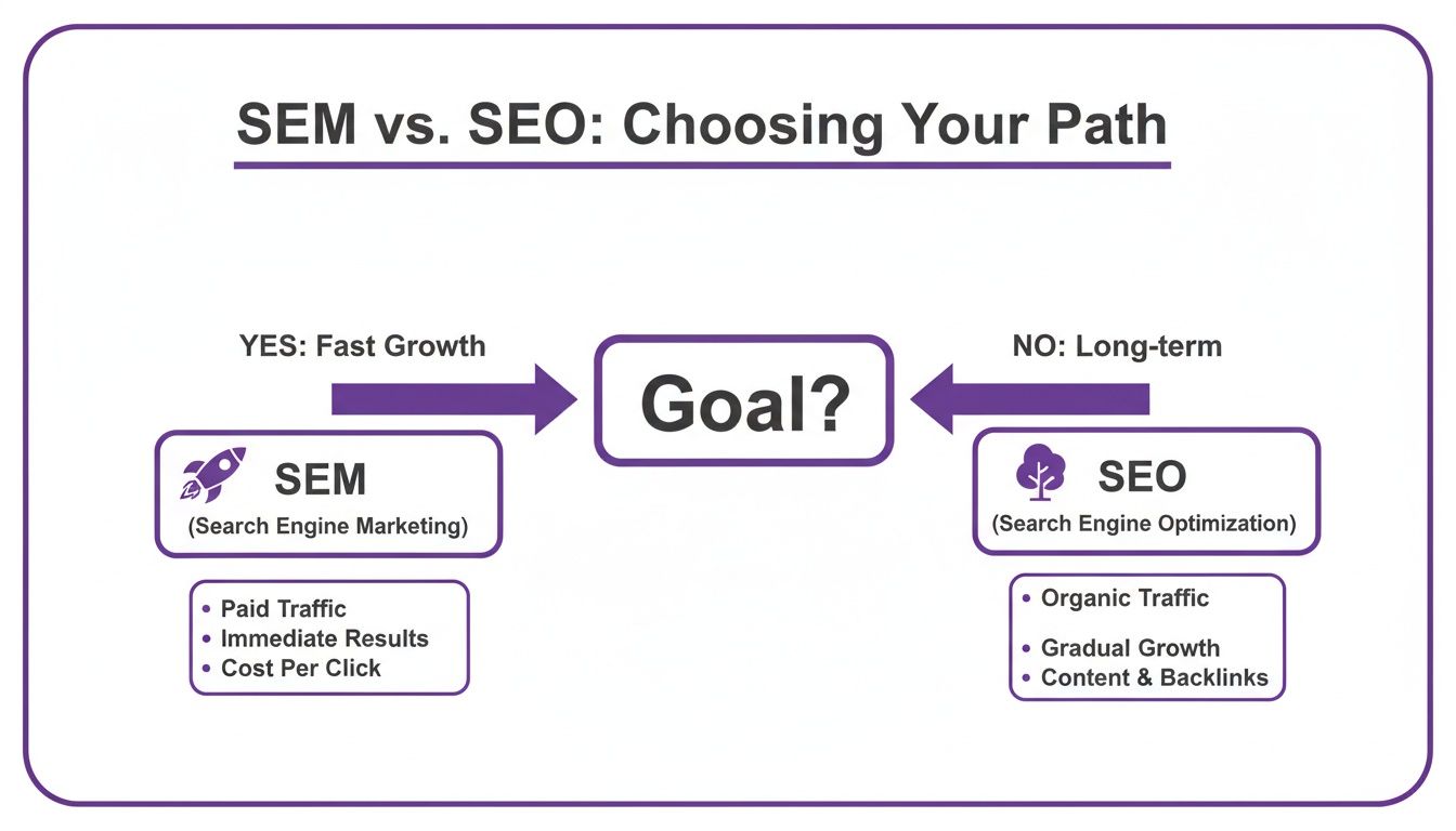 Infographic comparing SEM (fast growth, paid traffic) and SEO (long-term, organic growth) strategies.