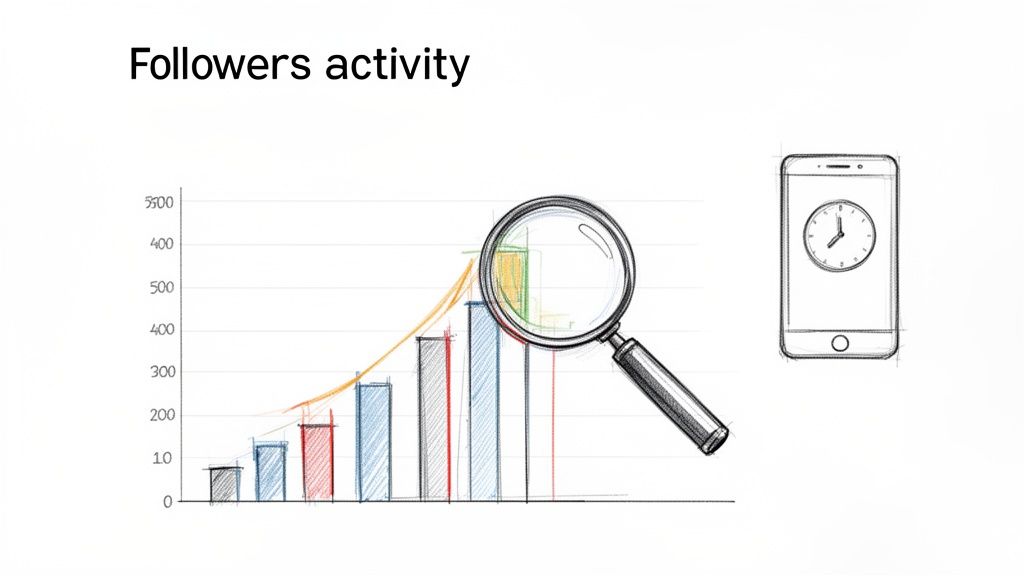 A bar chart showing increasing followers activity, analyzed with a magnifying glass, next to a smartphone with a clock.