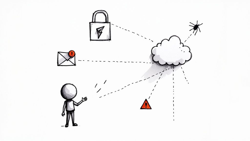 A stick figure interacts with a cloud, surrounded by symbols of security, threats, and warnings.