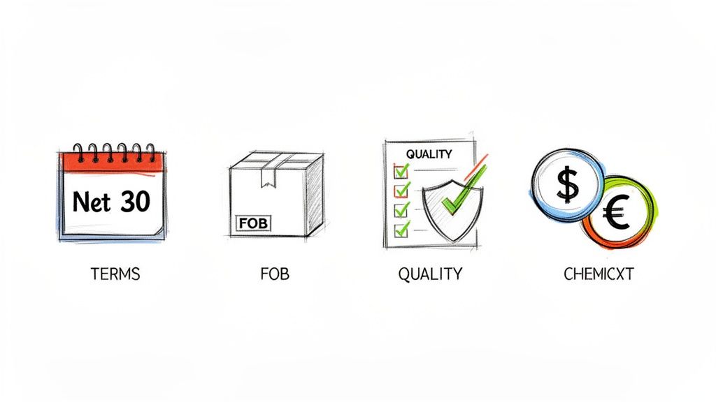 Four icons representing key aspects of supplier negotiation: payment terms, shipping, quality control, and currency.