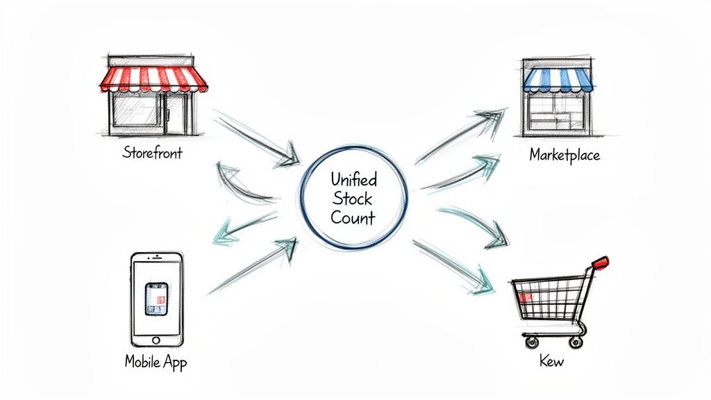 Diagram illustrating a unified stock count centralizing inventory across storefronts, marketplaces, mobile apps, and shopping carts.