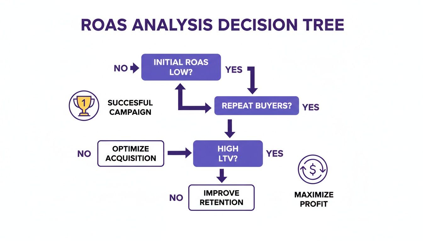 A ROAS analysis decision tree flowchart showing steps for improving marketing campaign performance.