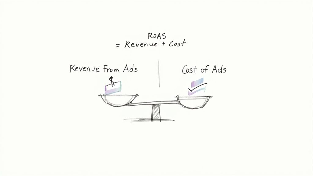 Hand-drawn balance scale illustrating ROAS, comparing revenue from ads with their associated cost.