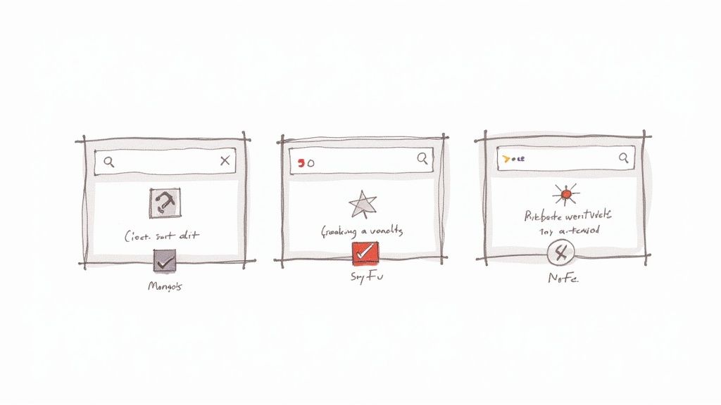 Three hand-drawn UI sketches display search bars, icons, placeholder text, and various selection states.
